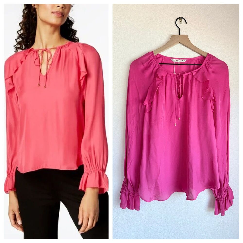 NWT Trina Turk Magnolia Silk Peasant Blouse Fuchsia Pink Ruffle Size S $381